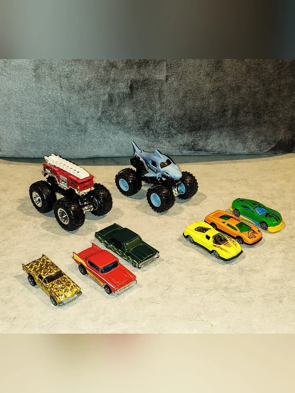 5 VTG HOT WHEELS 57' THUNDERBIRD 57' CHEVY 66' CHEVY NOVA SS & 2 MONSTER TRUCKS